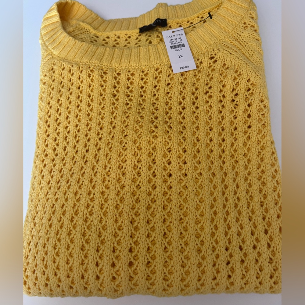 NWT! Talbots Open Stitch 100% Cotton Bright Yellow Ladies Sweater 1X Coastal‎